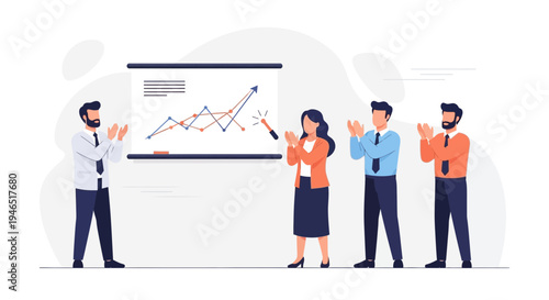 Business meeting success: team applauds presentation with growth chart