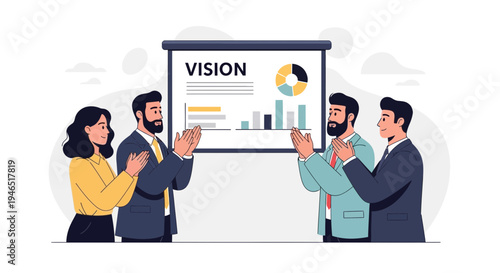 Business team applauds successful vision presentation with charts and graphs.