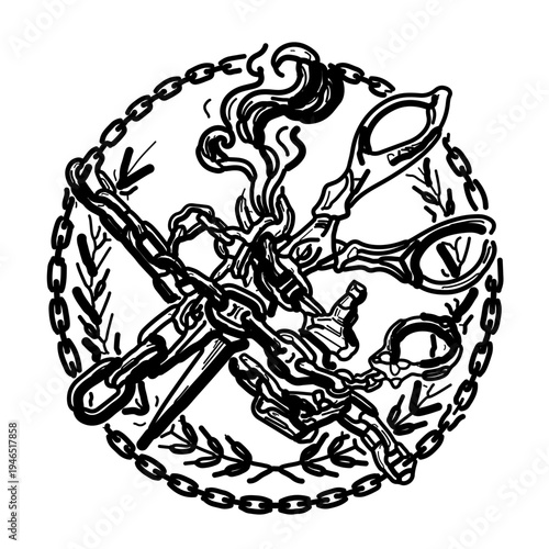 Breaking the Chain: Positive black and white icon featuring heavy scissors cutting through addiction shackles, symbolizing recovery, freedom, and personal breakthrough