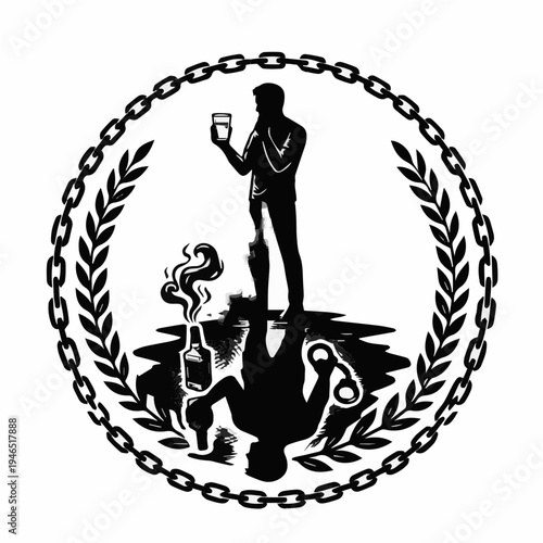 Shadow of Craving: Abstract black and white icon of a human profile with a dark, distorted shadow looming behind, representing uncontrollable urges and the inner struggle of addiction