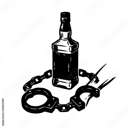 The Substance Shackle: Minimalist black and white icon depicting a bottle transformed into handcuffs, symbolizing addiction and the loss of personal freedom