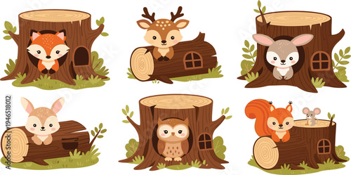 Cute Woodland Animals Living in Tree Stump Houses Cartoon Vector Set with Fox, Deer, Bunny, Owl and Squirrel Forest Illustration
