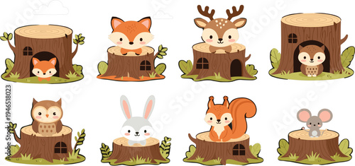 Cute Woodland Animals in Tree Stump Houses Cartoon Vector Set with Fox, Deer, Owl, Bunny, Squirrel and Mouse Forest Illustration Collection