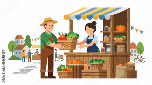 Farmer selling fresh produce to customer at outdoor market stall with fruits