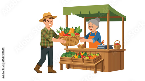 Man selling fresh produce to woman at outdoor farmer market stand with green canopy