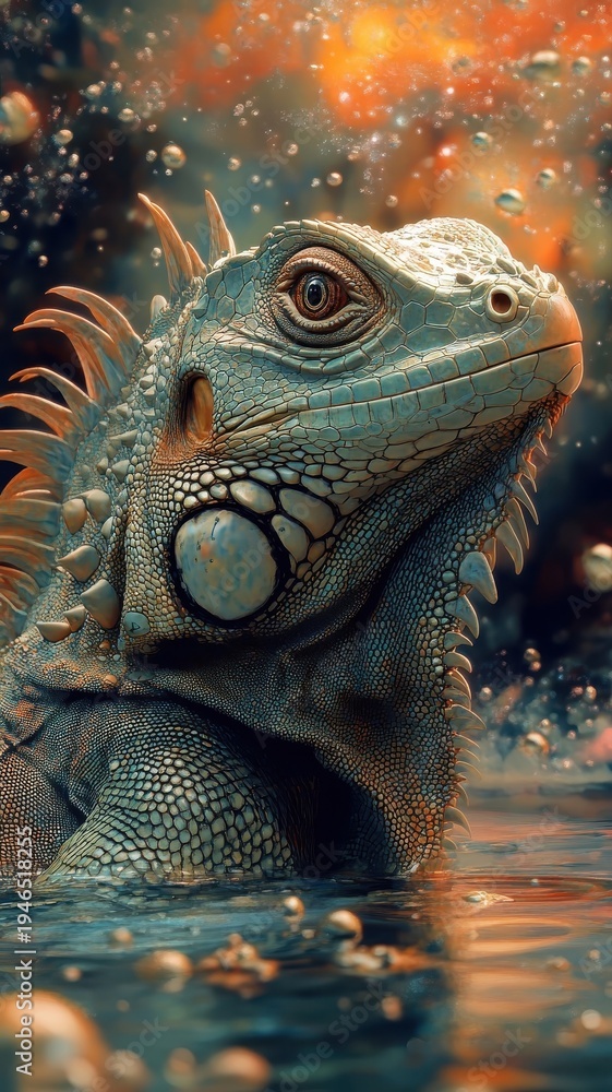 Obraz premium An iguana in a surreal, dreamlike setting, creating a fantastical and imaginative visual experience.