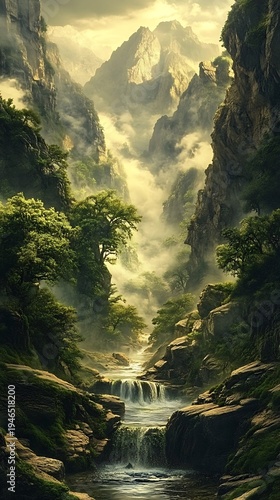 Serene mountain valley vista with cascading waterfalls and lush foliage