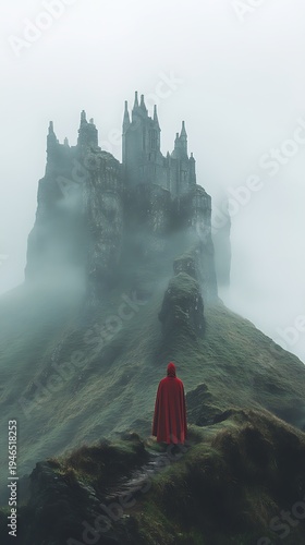 Mysterious figure ascends toward a majestic fortress veiled in ethereal mist