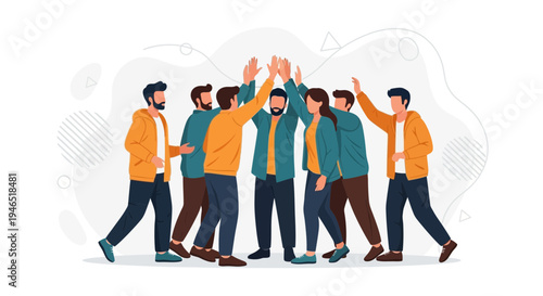 Diverse team celebrating success with high fives, teamwork and unity concept