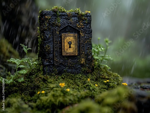 Mystical stone gateway overgrown with moss in a dreamy, rainy forest scene