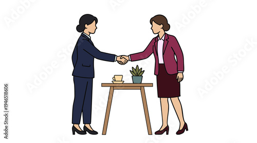 Two Businesswomen Shaking Hands in Office Meeting Illustration