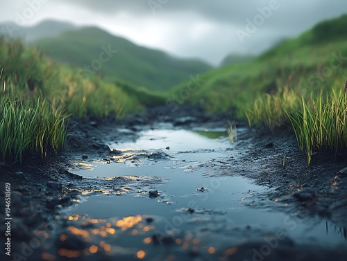 Serene marshland landscape with puddles reflecting sky and verdant slopes