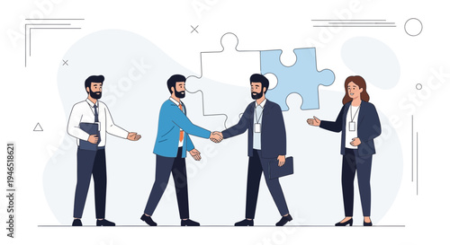 Business partnership handshake with puzzle pieces symbolizing collaboration and agreement