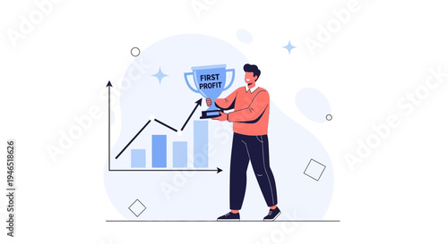 Man holding trophy with graph showing profit growth, business success concept