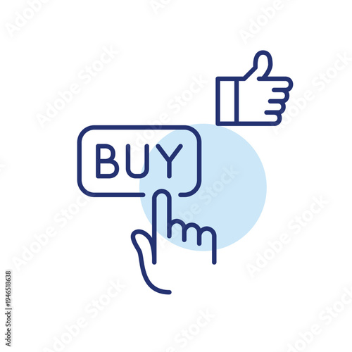Clicking on buy button and thumbs up. Successful checkout, financial transactions. Pixel perfect, editable stroke vector icon