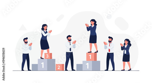 Business people on podiums celebrating success, teamwork, competition, achievement