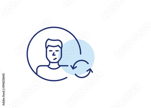 Account renewal, subscription refresh, digital profile update. Male user avatar and renew arrows. Pixel perfect, editable stroke vector icon