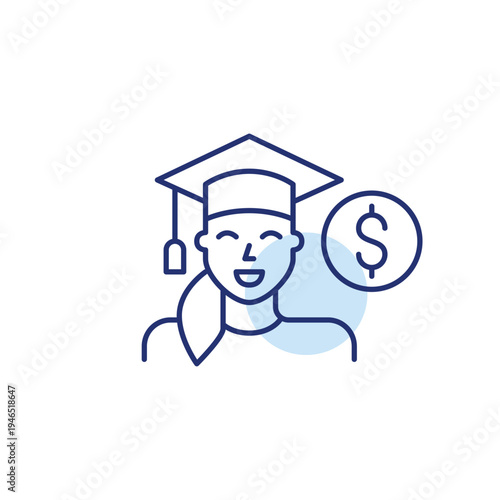 Female graduate wearing mortar cap and dollar sign. Financial academic degree, cost of education. Pixel perfect, editable stroke vector icon
