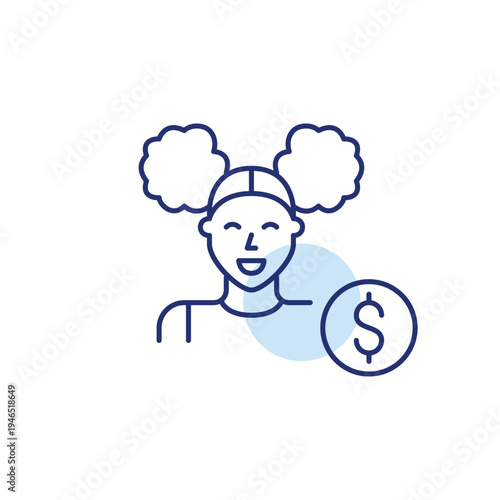 Girl with curly hair and dollar symbol. Banking and finances, user subscription. Pixel perfect, editable stroke vector icon