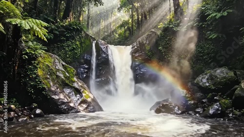 Lush jungle waterfall with sunbeams piercing through dense foliage, natural beauty.