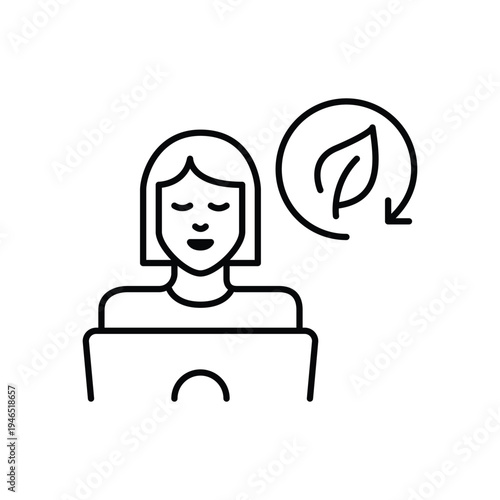 Woman working or studying at laptop, leaf and renew arrow. Sustainable remote workflow. Pixel perfect, editable stroke vector icon