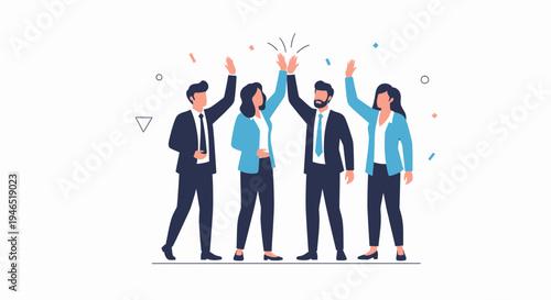 Teamwork success celebration: four business people high-fiving with confetti