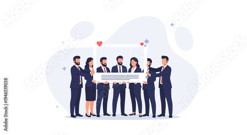 Diverse business team holding a blank frame, teamwork, unity, and collaboration concept