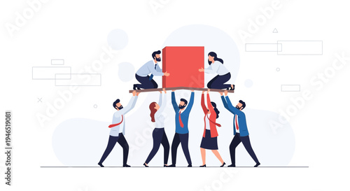 Teamwork concept: business people lifting a heavy red cube together