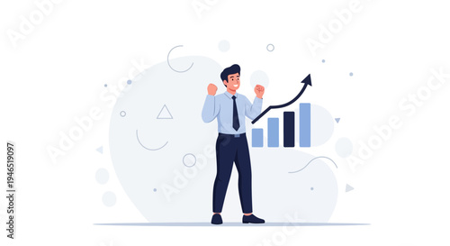 Successful businessman celebrating financial growth with upward trend graph and bar chart