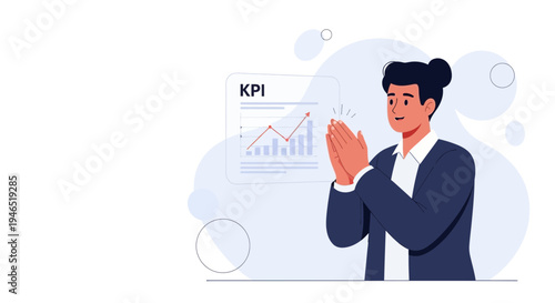 Business man clapping hands near KPI chart, celebrating success and growth