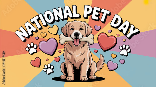Vibrant national pet day banner with happy golden retriever dog holding bone surrounded by hearts and paw prints on colorful background