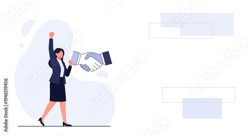 Successful businesswoman celebrates deal with handshake, empowerment, achievement