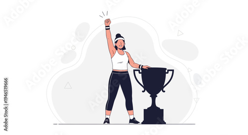 Woman celebrating victory with trophy, fitness achievement, success, sport award, winner concept