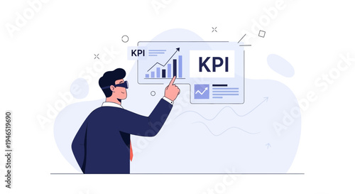 Man in VR headset interacting with KPI data visualization, business analytics concept