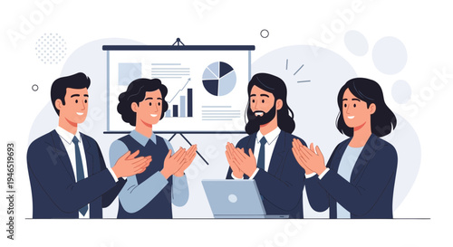 Business team applauding during a presentation with charts on screen