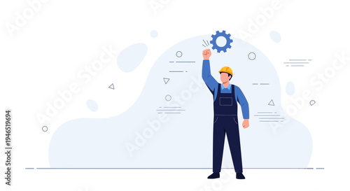 Worker holding gear, symbol of industry and success, blue background