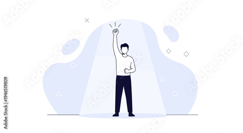 Man raising fist in spotlight, symbol of victory, success, and determination