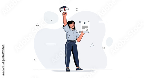 Happy Woman Holding Graduation Cap and Diploma, Celebrating Academic Achievement