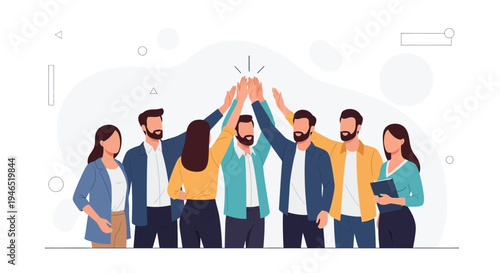 Teamwork high five, diverse group of people celebrating success, unity and collaboration