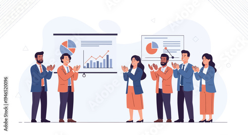 Business team applauding success after presentation with charts and graphs on screen
