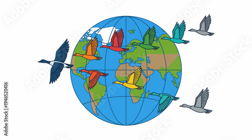 A vibrant illustration of a globe with birds migrating across the continents.