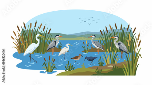 Birds are gathered around a serene lake surrounded by lush plants and water.