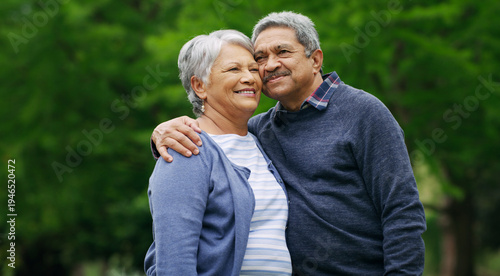 Konstfotografi Outdoor, hug and old couple with smile for connection, support and bonding together in retirement