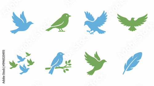 Collection of elegant blue and green bird icons representing flight freedom and nature's delicate beauty