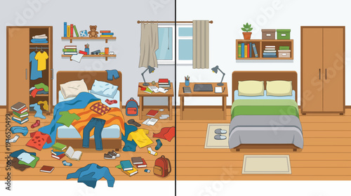 A striking visual comparison showcasing the dramatic transformation from a messy, disorganized bedroom to a neat, tidy, and aesthetically pleasing space