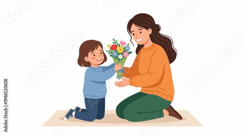 A heartwarming illustration of a young girl giving a colorful bouquet of flowers to a smiling woman, celebrating a special bond.
