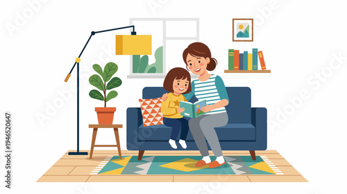 A mother and her young daughter are happily reading a storybook together on a cozy blue sofa in their brightly lit living room, surrounded by home decor.