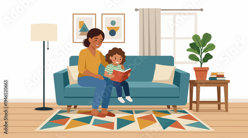 Mother and child reading a book together on a blue sofa in a cozy living room with a patterned rug and home decor.