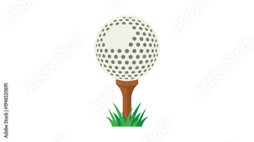 An illustration of a white golf ball resting on a brown tee, surrounded by green grass, against a clean white background.