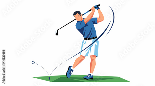 A man in a blue shirt and white shorts executing a powerful golf swing on a green course, with the golf ball in mid-flight after being struck.